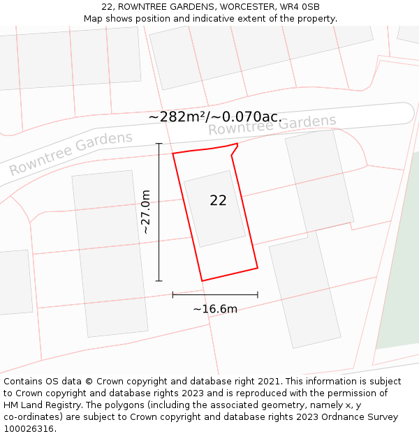 22, ROWNTREE GARDENS, WORCESTER, WR4 0SB: Plot and title map