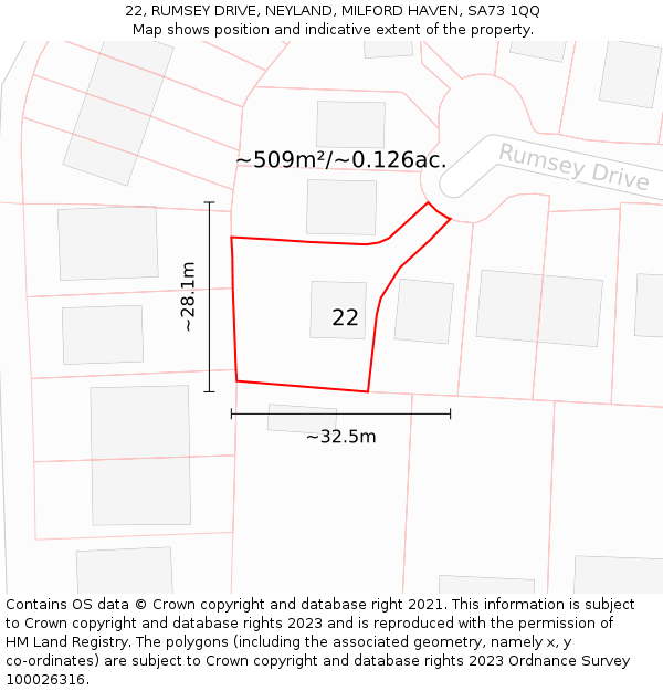 22, RUMSEY DRIVE, NEYLAND, MILFORD HAVEN, SA73 1QQ: Plot and title map