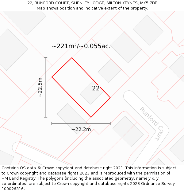 22, RUNFORD COURT, SHENLEY LODGE, MILTON KEYNES, MK5 7BB: Plot and title map