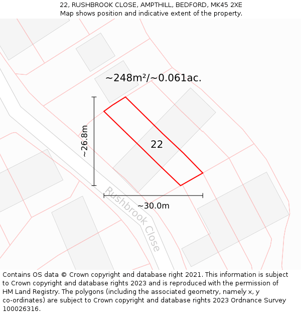 22, RUSHBROOK CLOSE, AMPTHILL, BEDFORD, MK45 2XE: Plot and title map