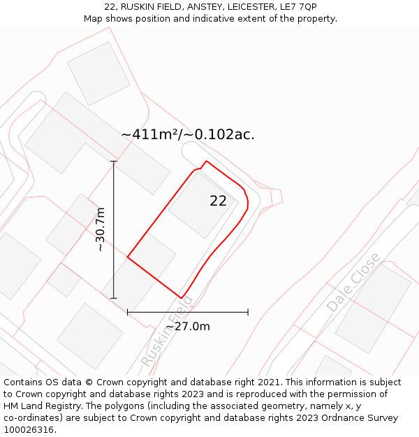 22, RUSKIN FIELD, ANSTEY, LEICESTER, LE7 7QP: Plot and title map