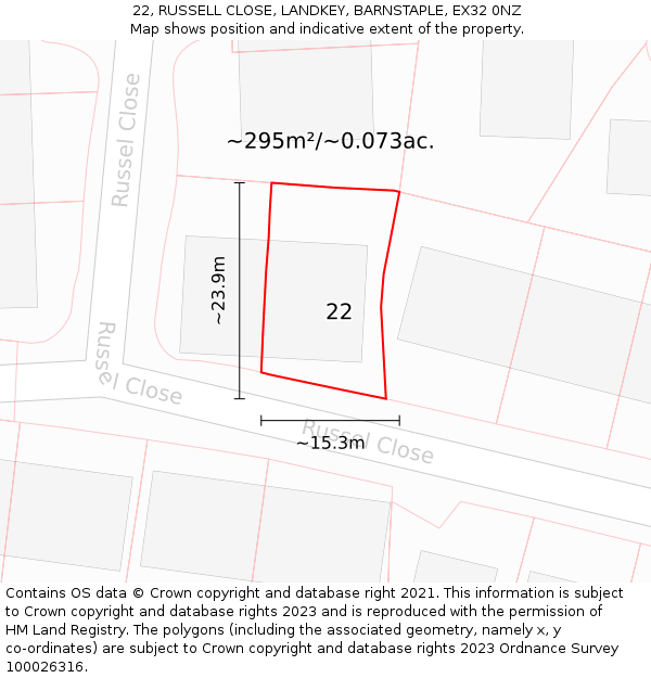 22, RUSSELL CLOSE, LANDKEY, BARNSTAPLE, EX32 0NZ: Plot and title map