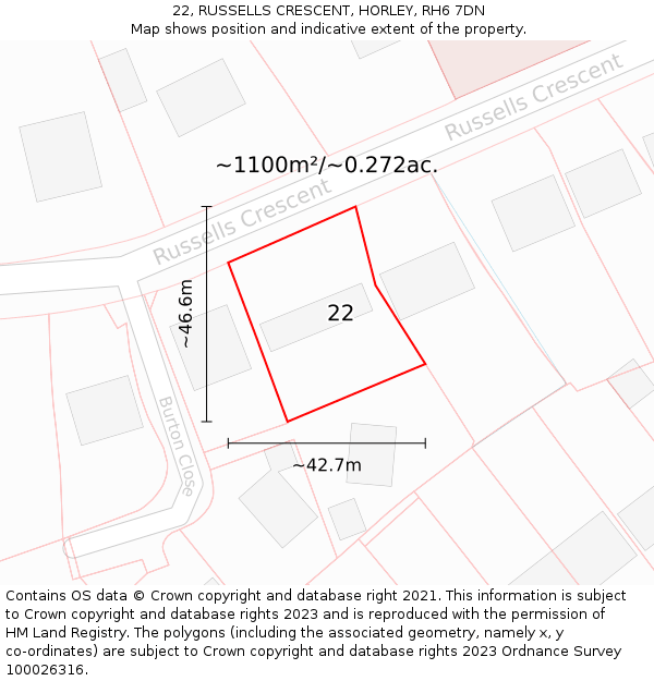 22, RUSSELLS CRESCENT, HORLEY, RH6 7DN: Plot and title map