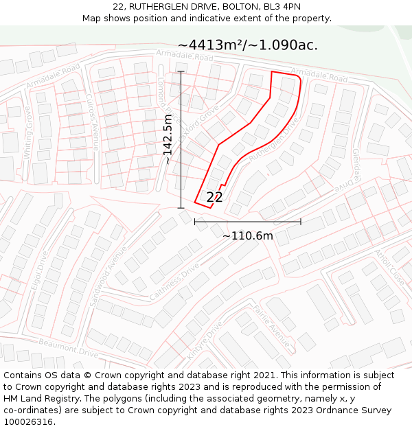 22, RUTHERGLEN DRIVE, BOLTON, BL3 4PN: Plot and title map