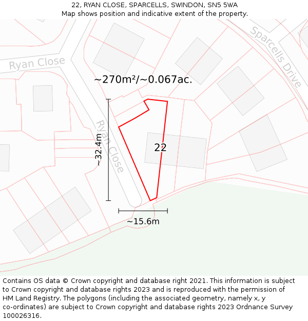 22, RYAN CLOSE, SPARCELLS, SWINDON, SN5 5WA: Plot and title map