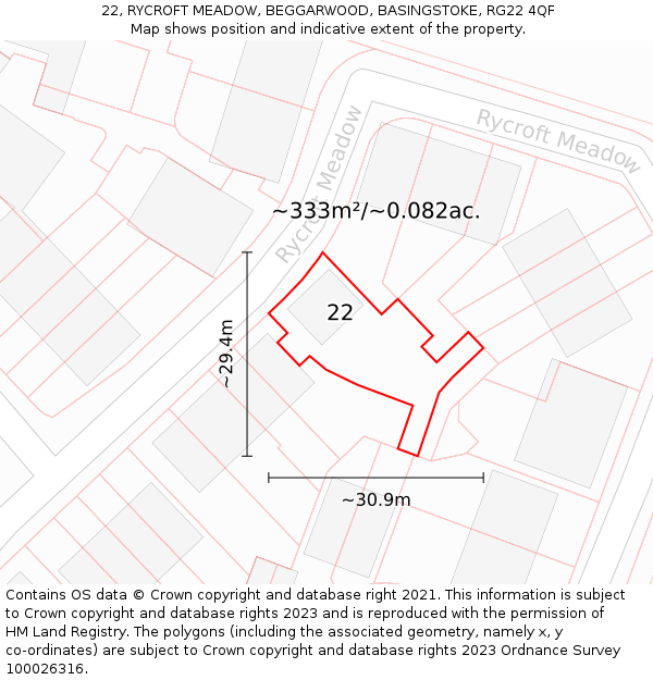 22, RYCROFT MEADOW, BEGGARWOOD, BASINGSTOKE, RG22 4QF: Plot and title map