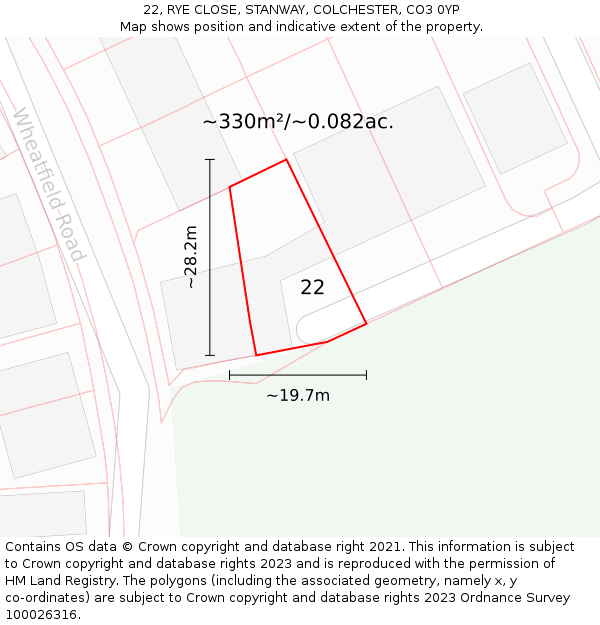 22, RYE CLOSE, STANWAY, COLCHESTER, CO3 0YP: Plot and title map