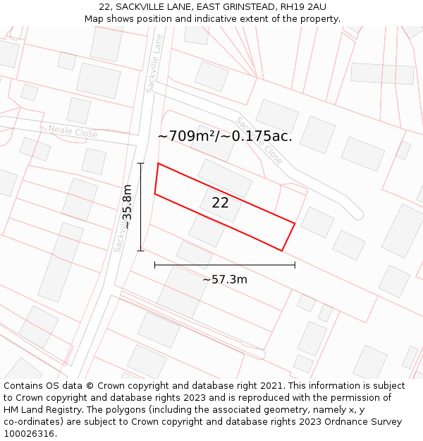 22, SACKVILLE LANE, EAST GRINSTEAD, RH19 2AU: Plot and title map