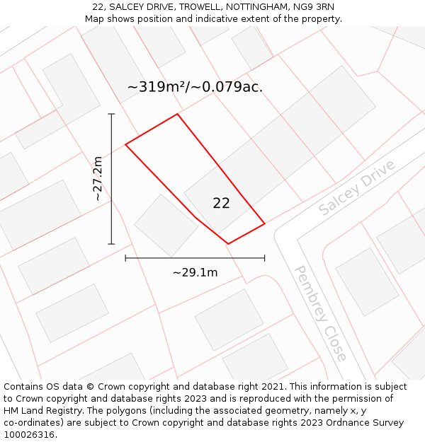 22, SALCEY DRIVE, TROWELL, NOTTINGHAM, NG9 3RN: Plot and title map