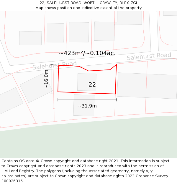 22, SALEHURST ROAD, WORTH, CRAWLEY, RH10 7GL: Plot and title map