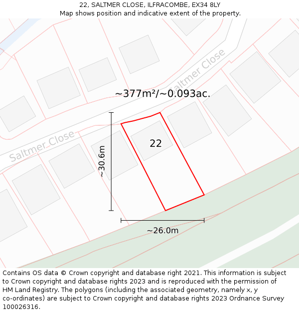 22, SALTMER CLOSE, ILFRACOMBE, EX34 8LY: Plot and title map