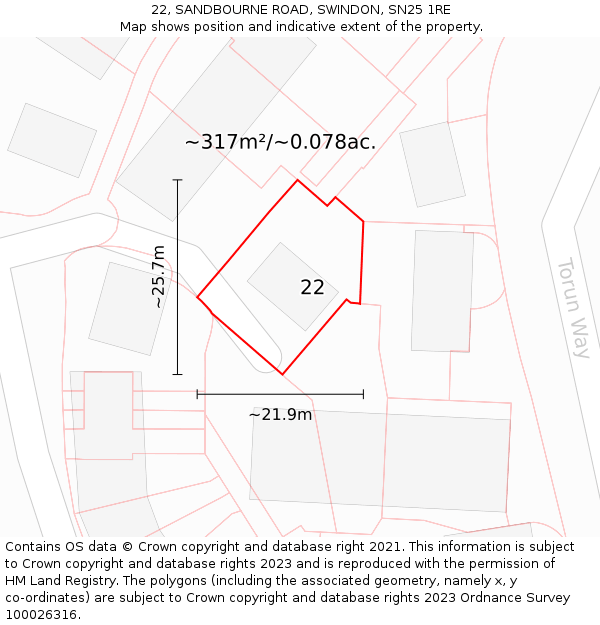 22, SANDBOURNE ROAD, SWINDON, SN25 1RE: Plot and title map