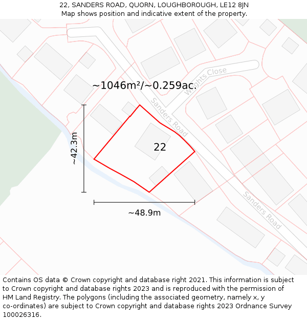 22, SANDERS ROAD, QUORN, LOUGHBOROUGH, LE12 8JN: Plot and title map