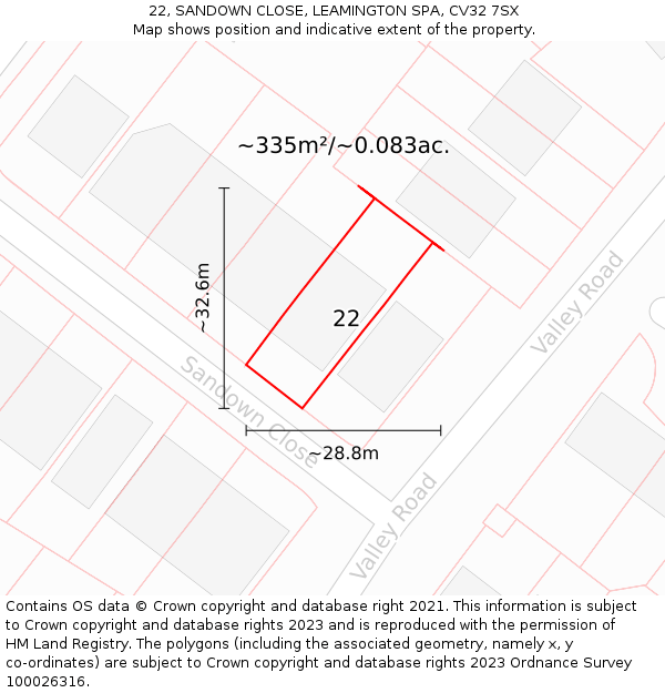 22, SANDOWN CLOSE, LEAMINGTON SPA, CV32 7SX: Plot and title map