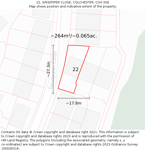 22, SANDPIPER CLOSE, COLCHESTER, CO4 3GE: Plot and title map