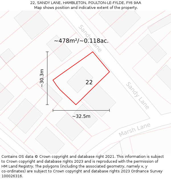 22, SANDY LANE, HAMBLETON, POULTON-LE-FYLDE, FY6 9AA: Plot and title map