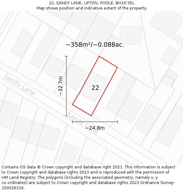 22, SANDY LANE, UPTON, POOLE, BH16 5EL: Plot and title map