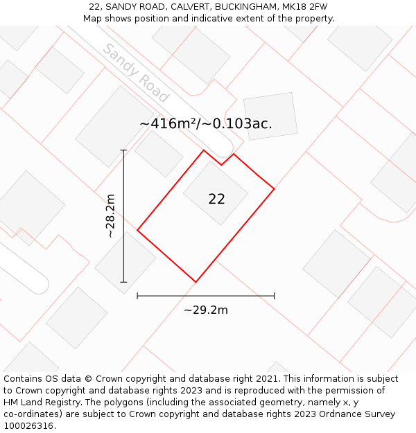 22, SANDY ROAD, CALVERT, BUCKINGHAM, MK18 2FW: Plot and title map