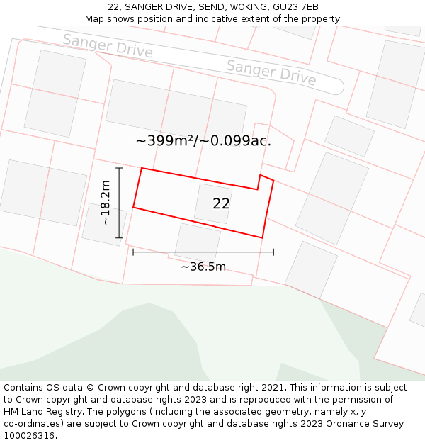 22, SANGER DRIVE, SEND, WOKING, GU23 7EB: Plot and title map