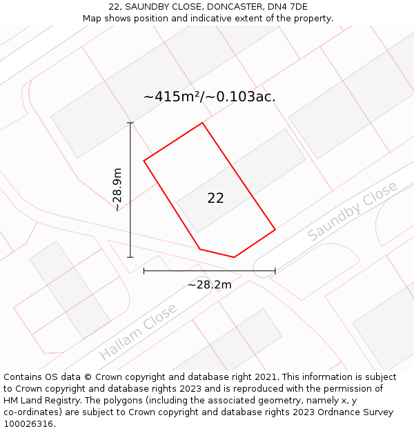 22, SAUNDBY CLOSE, DONCASTER, DN4 7DE: Plot and title map