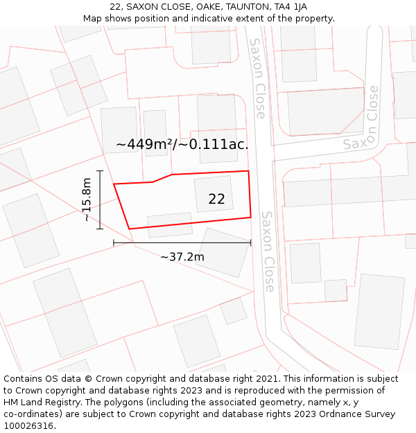 22, SAXON CLOSE, OAKE, TAUNTON, TA4 1JA: Plot and title map