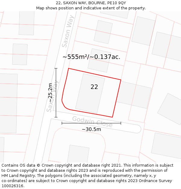 22, SAXON WAY, BOURNE, PE10 9QY: Plot and title map