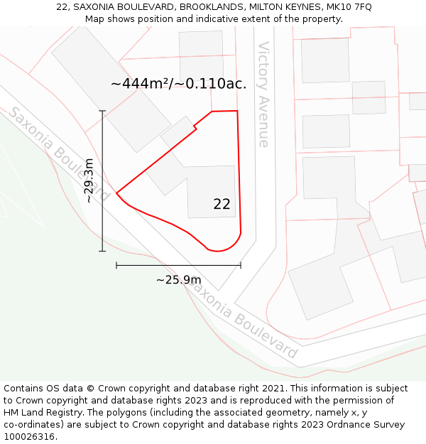 22, SAXONIA BOULEVARD, BROOKLANDS, MILTON KEYNES, MK10 7FQ: Plot and title map