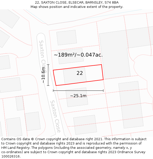 22, SAXTON CLOSE, ELSECAR, BARNSLEY, S74 8BA: Plot and title map