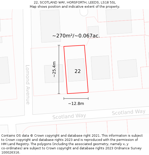 22, SCOTLAND WAY, HORSFORTH, LEEDS, LS18 5SL: Plot and title map