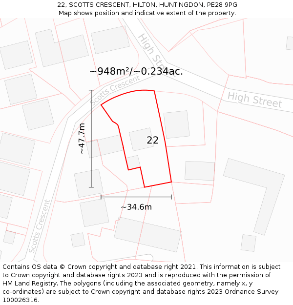 22, SCOTTS CRESCENT, HILTON, HUNTINGDON, PE28 9PG: Plot and title map