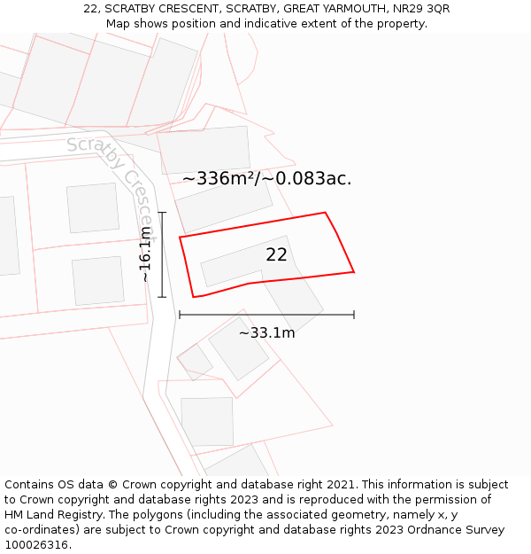 22, SCRATBY CRESCENT, SCRATBY, GREAT YARMOUTH, NR29 3QR: Plot and title map