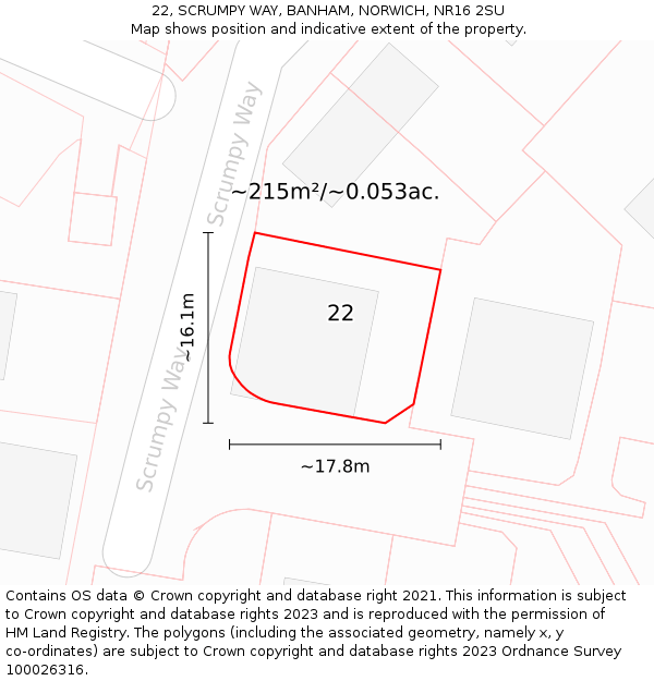 22, SCRUMPY WAY, BANHAM, NORWICH, NR16 2SU: Plot and title map