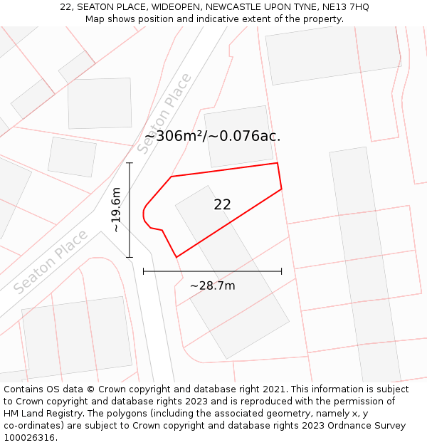 22, SEATON PLACE, WIDEOPEN, NEWCASTLE UPON TYNE, NE13 7HQ: Plot and title map