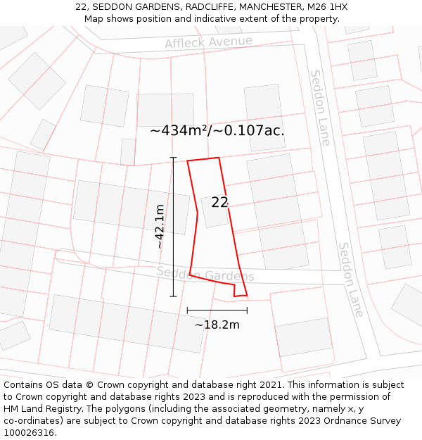 22, SEDDON GARDENS, RADCLIFFE, MANCHESTER, M26 1HX: Plot and title map