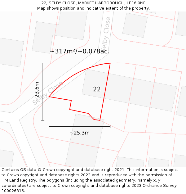 22, SELBY CLOSE, MARKET HARBOROUGH, LE16 9NF: Plot and title map