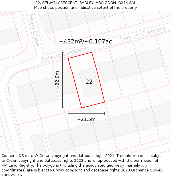 22, SELWYN CRESCENT, RADLEY, ABINGDON, OX14 3AL: Plot and title map