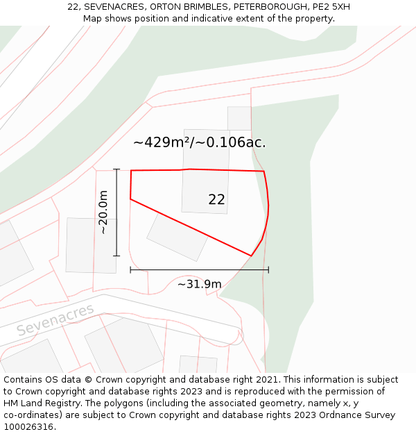 22, SEVENACRES, ORTON BRIMBLES, PETERBOROUGH, PE2 5XH: Plot and title map