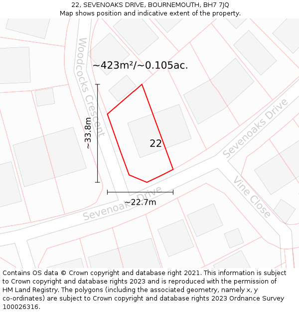 22, SEVENOAKS DRIVE, BOURNEMOUTH, BH7 7JQ: Plot and title map