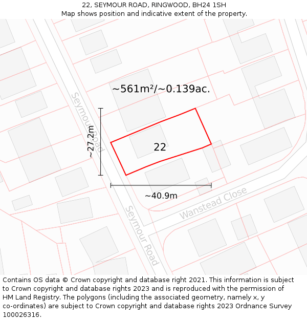 22, SEYMOUR ROAD, RINGWOOD, BH24 1SH: Plot and title map