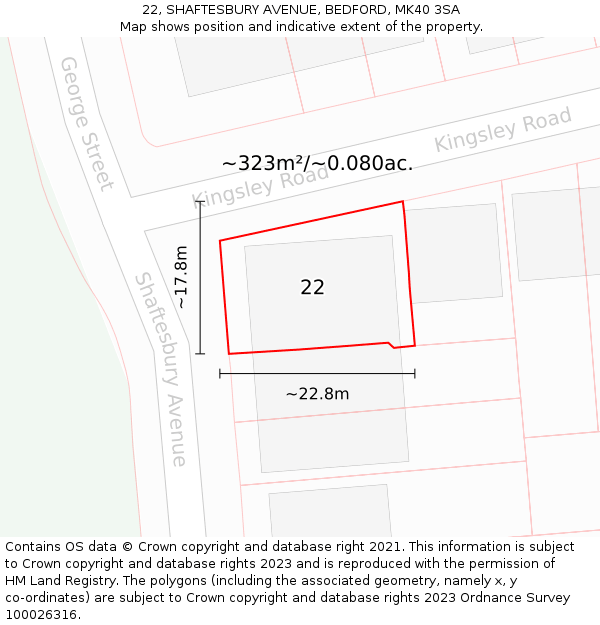 22, SHAFTESBURY AVENUE, BEDFORD, MK40 3SA: Plot and title map