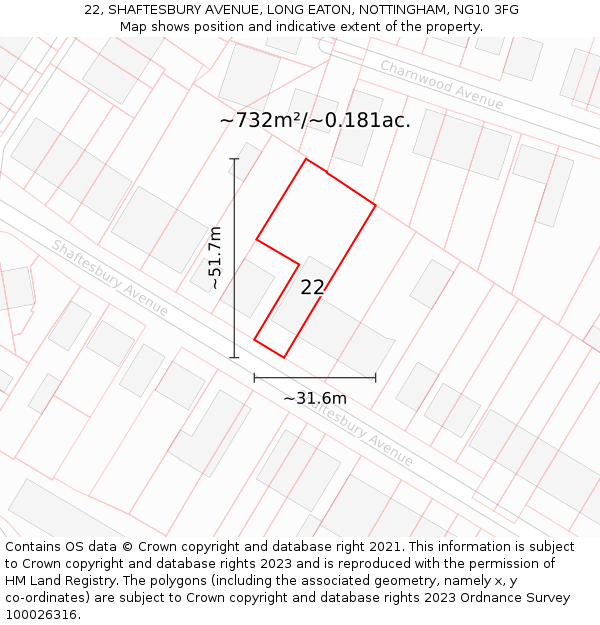 22, SHAFTESBURY AVENUE, LONG EATON, NOTTINGHAM, NG10 3FG: Plot and title map