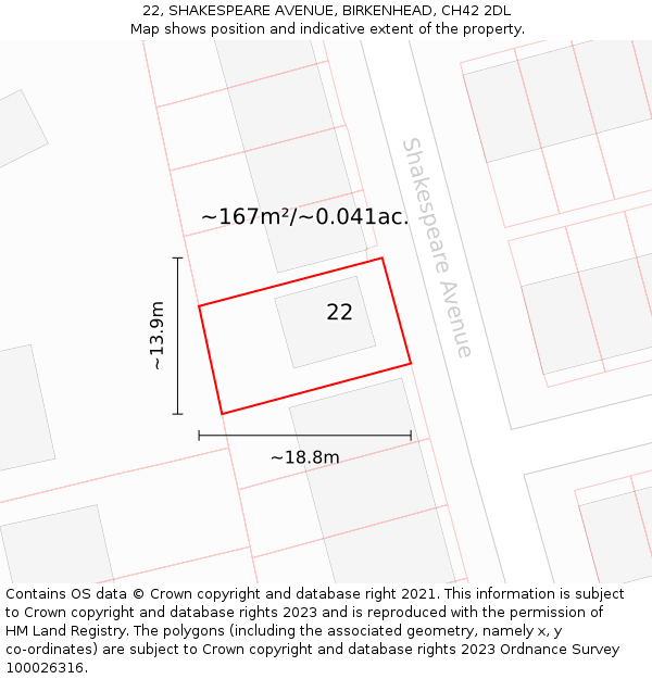 22, SHAKESPEARE AVENUE, BIRKENHEAD, CH42 2DL: Plot and title map