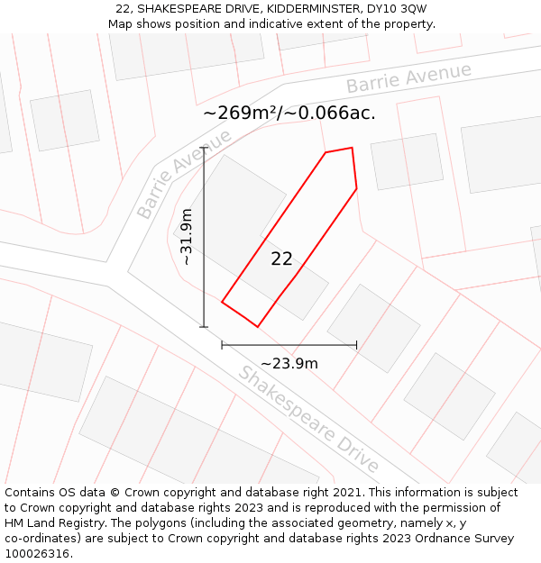 22, SHAKESPEARE DRIVE, KIDDERMINSTER, DY10 3QW: Plot and title map