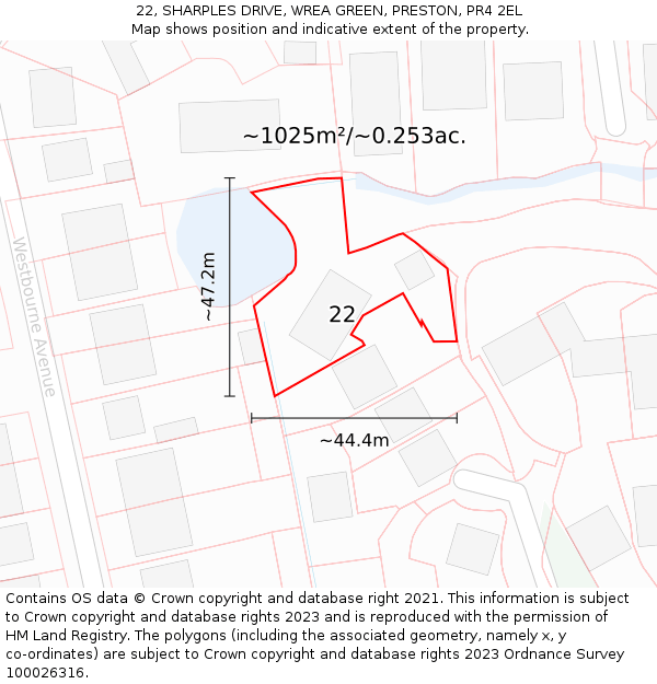 22, SHARPLES DRIVE, WREA GREEN, PRESTON, PR4 2EL: Plot and title map