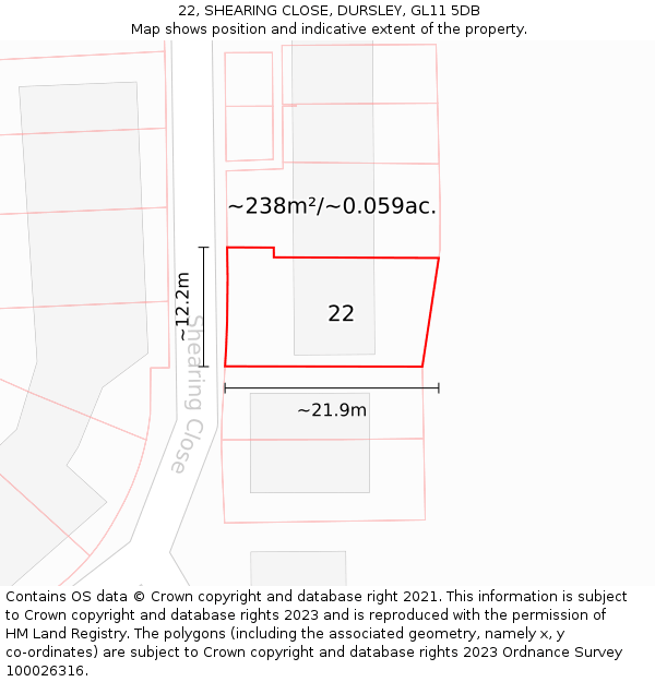 22, SHEARING CLOSE, DURSLEY, GL11 5DB: Plot and title map