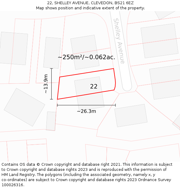 22, SHELLEY AVENUE, CLEVEDON, BS21 6EZ: Plot and title map