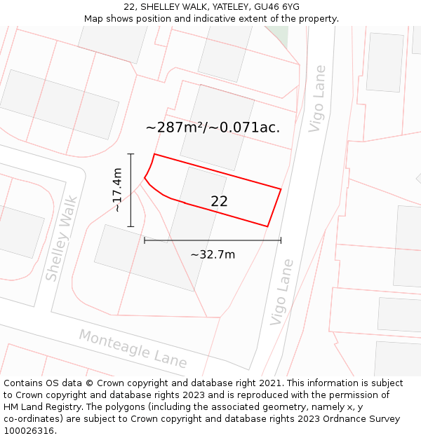 22, SHELLEY WALK, YATELEY, GU46 6YG: Plot and title map