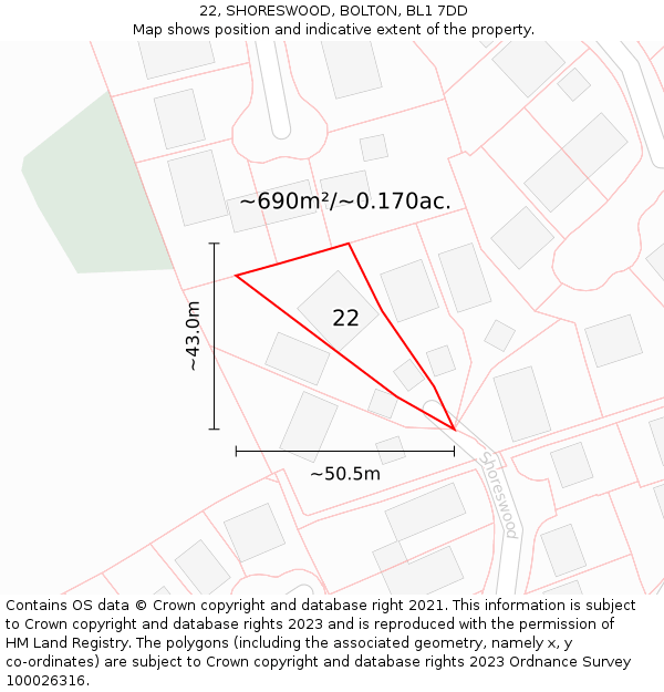 22, SHORESWOOD, BOLTON, BL1 7DD: Plot and title map