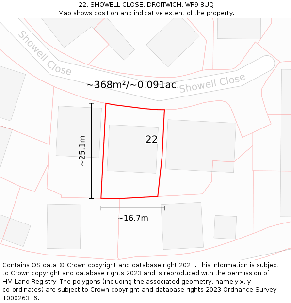 22, SHOWELL CLOSE, DROITWICH, WR9 8UQ: Plot and title map