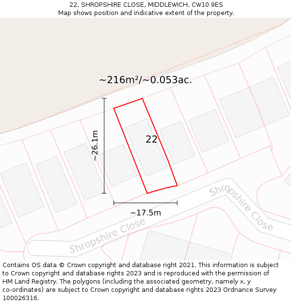 22, SHROPSHIRE CLOSE, MIDDLEWICH, CW10 9ES: Plot and title map